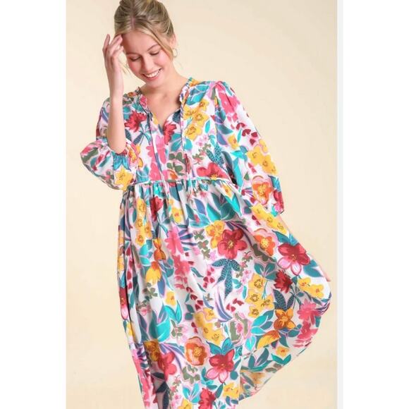 Umgee Long Sleeve Boho Floral Peasant Midi‎ Dress Pockets Multicolor Size Large - Picture 1 of 10